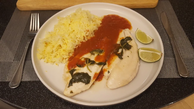 fish fillets with chilli sauce & saffron rice