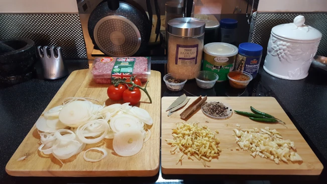 ingredients ready for lamb pulao rice ingredients ready