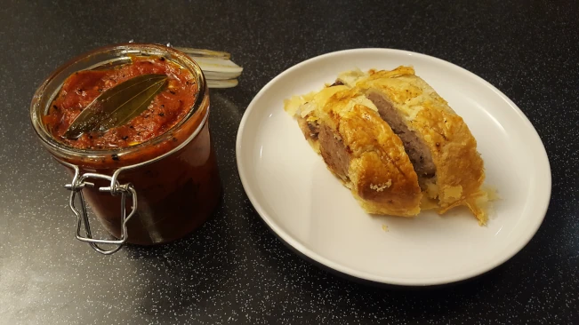 sausage roll & caramalised onion slices with homemade tomato chutney sausage roll slices and chutney